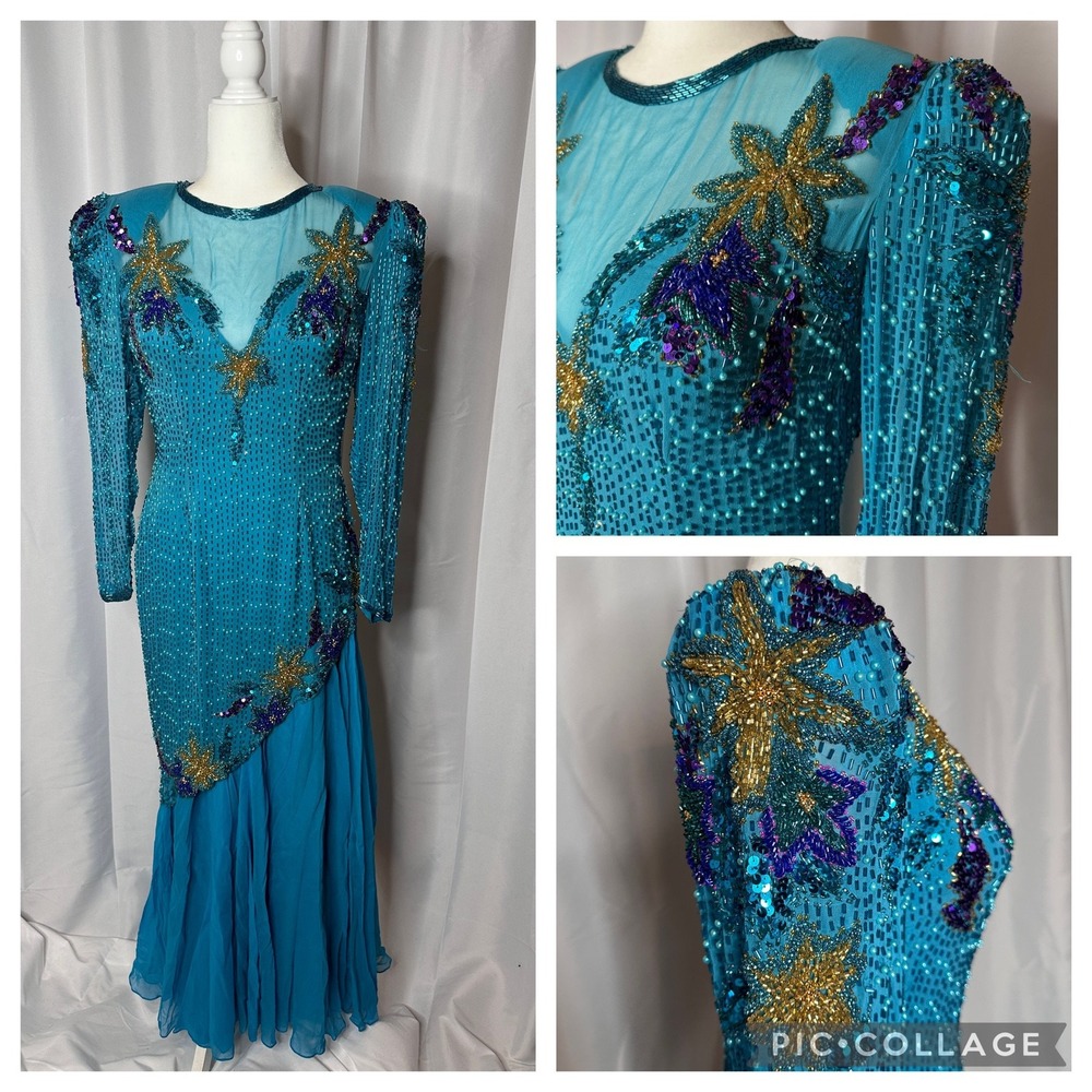 Vintage Alyce Designs 100% Silk Beaded Floor Length Dress 1980s Gorgeous Blue